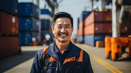 asian man logistics coordinator managing harbor operations - obrazy, fototapety, plakaty