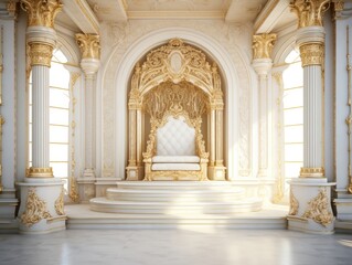 Majestic White Throne in an Empty Decorated Hall of a Royal Palace