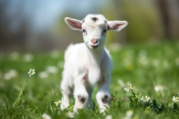 Naklejka na ściany i meble Beautiful White Goat Kid on Green Spring Grass - Cute and Funny Animal Baby of Farming Children
