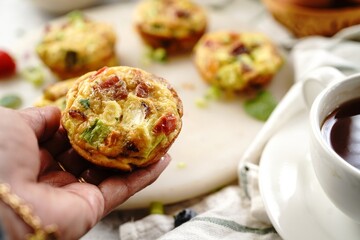 Breakfast egg muffin bites |   healthy baking, selective focus