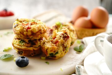 Breakfast egg muffin bites |   healthy baking, selective focus