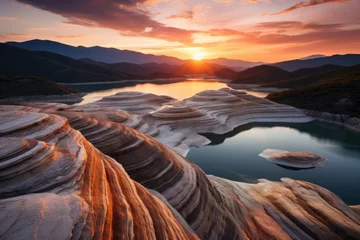 Fotobehang Paradise at Hierve El Agua: Sunset over Petrified Waterfalls in Oaxaca, Mexico © AIGen