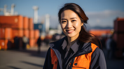 asian woman logistics coordinator managing harbor operations