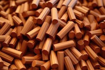 Background of Many Beige Wooden Dowel Pins in a Carpenter's Shop - Construction Accessory for Cabinet, Cabinetry, or Connector Chips - obrazy, fototapety, plakaty