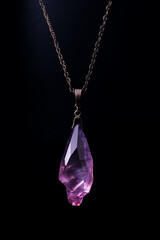 fantasy amethyst necklace pendant and silver chain - black background - contrasting black and purple