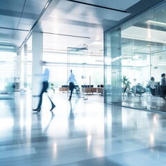 People walking in blurred motion in modern office space. Generative AI.