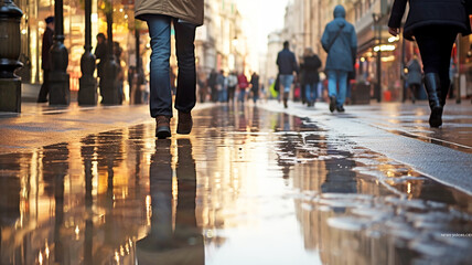 Obrazy na Plexi  City street after rain, with rear view of people walking, reflection in water. Generative AI.