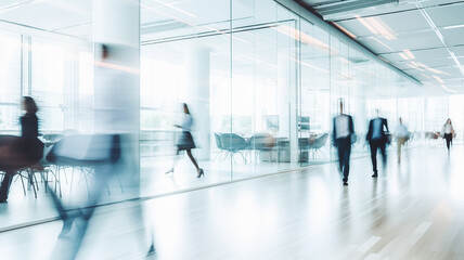 People walking in blurred motion in modern office space. Generative AI.
