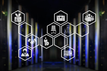 Fototapeta premium Concept big data processing center, cloud database, server energy station future. Data transmission technology. Synchronizing personal information. Cube or box Block chain of abstract finance data.