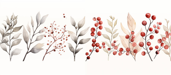 
Winter botanical watercolor leaf branches background vector illustration. Hand painted watercolor foliage, berry, pine leaves, holly sprig. Design for poster, wallpaper, banner, card, decoration. - obrazy, fototapety, plakaty