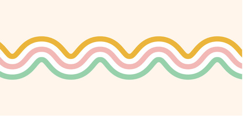 1970s 1980s Wavy Retro Rainbow Groovy Lines Pattern in pink blue yellow orange. Abstract Hippie style psychedelic vector background