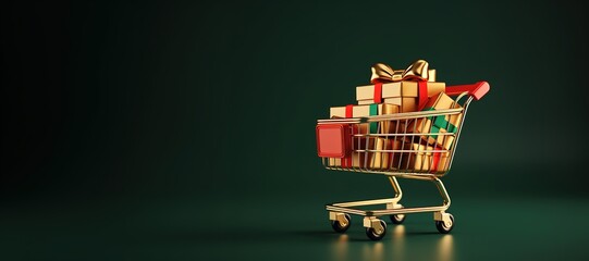 Generative AI, shopping cart with many gift boxes on red and green background with glittered bokeh, Christmas concept, discount and sale.	
 - obrazy, fototapety, plakaty