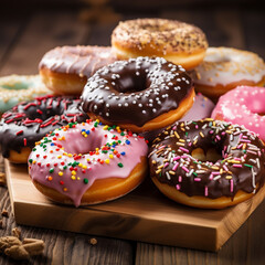 Freshly baked donuts on a rustic wooden table, and are sprinkled with crushed nuts, chocolate chips, or rainbow sprinkles.