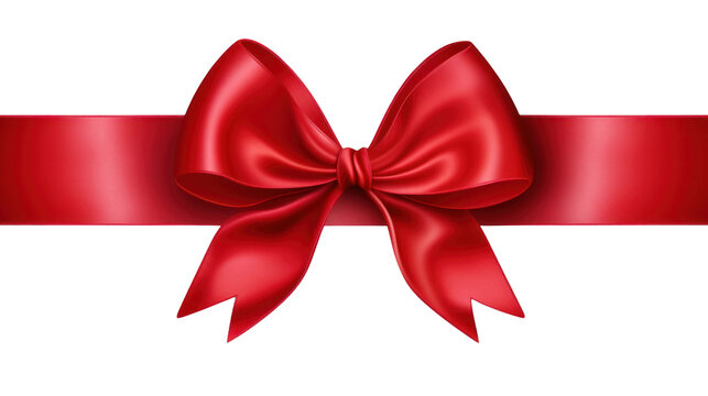 Beautiful shiny silk red bow isolated on transparent background, decorative design png element, clip art festive object.
