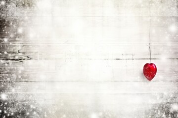 Red Heart and Snow on White Wood Background, Suitable for Valentine's Day or Christmas