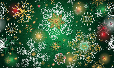 Vector Christmas dark green gradient seamless pattern with snowflakes and stars