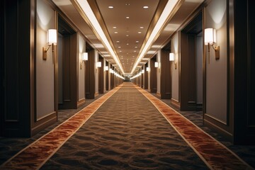 Fototapeta na wymiar Modern Hotel Hallway with Long Design Corridor, Beautiful Ceiling Light and Carpeted Flooring