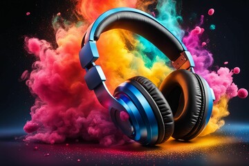 Loud music sound and light effects from stereo headphones exploding in colorful dust and smoke