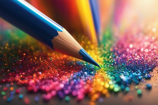 Burst of glitter and pigments from colorful pencil tip