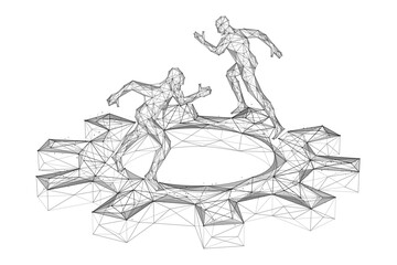 Running people on a gear wheel. Polygonal design of lines and dots.