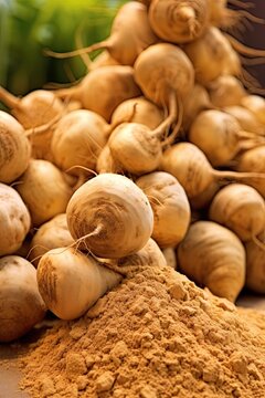 Peruvian maca freshly harvested. Food supplements and healthy products from nature. Ai Generative