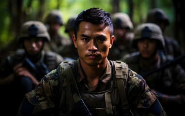 Fototapeta premium Asian soldiers looking at camera with team in the background