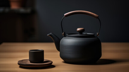 Chinese cast iron tea pot and a cup on a table - obrazy, fototapety, plakaty
