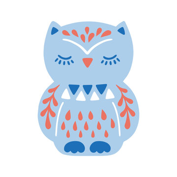 Fototapeta Vector illustration of patterned animal in Nordic style hygge. Silhouette of owl in folk style isolated on white background