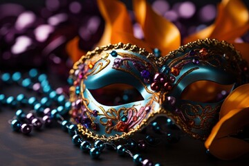 Mardi Gras holiday.carnival mask and beads decoration. Purple, Gold, and Green colors.