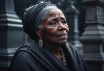 portrait of a sad elderly black woman at a cemetery