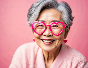 elderly happy korean woman wearing heart symbol shaped glasses
