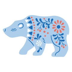 Vector illustration of patterned animal in Nordic style hygge. Silhouette of polar bear in folk style isolated on white background