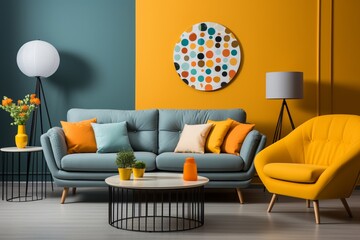 Mid-century interior design of a modern living room with a yellow loveseat sofa and side tables against a colorful circle patterned wall