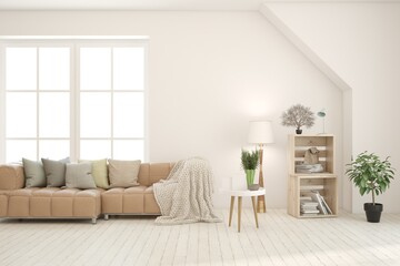 White living room with sofa. Scandinavian interior design. 3D illustration