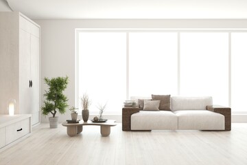 White living room with sofa. Scandinavian interior design. 3D illustration