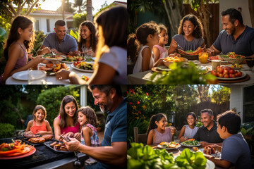 Fototapeta na wymiar Happy Hispanic family enjoying a barbecue in their backyard on a sunny day. Family bonding and outdoor fun with delicious food and warm smiles