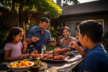 Happy Hispanic family enjoying a barbecue in their backyard on a sunny day. Family bonding and outdoor fun with delicious food and warm smiles