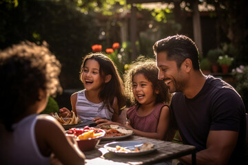 Happy Hispanic family enjoying a barbecue in their backyard on a sunny day. Family bonding and outdoor fun with delicious food and warm smiles