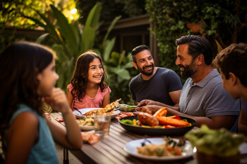 Happy Hispanic family enjoying a barbecue in their backyard on a sunny day. Family bonding and outdoor fun with delicious food and warm smiles