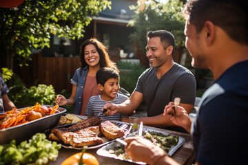 Happy Hispanic family enjoying a barbecue in their backyard on a sunny day. Family bonding and outdoor fun with delicious food and warm smiles - obrazy, fototapety, plakaty