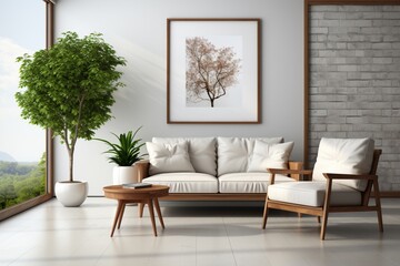 Mid-century interior design of modern living room with grey armchair and barrel chair against a white wall with a big mock-up poster frame