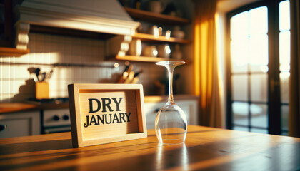 Dry January concept. Empty glass and a sign with words Dry January standing on kitchen counter. Alcohol-free campaign.