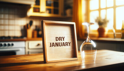 Dry January concept. Empty glass and a sign with words Dry January standing on kitchen counter. Alcohol-free campaign.