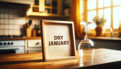 Poster Dry January concept. Empty glass and a sign with words Dry January standing on kitchen counter. Alcohol-free campaign. © All Creative Lines