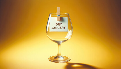 Dry January concept. Empty glass with hanging tag and words Dry January standing against yellow background. Alcohol-free campaign.