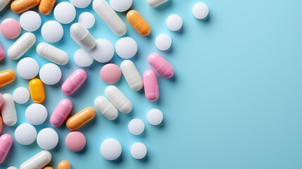 Colorful medicine pills and capsules on blue background. Copy space