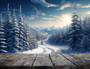Empty rustic woooden table with Natural Winter background for display of advertise seasonal products