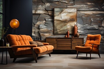 Mid-century style home interior design of modern living room with beige lounge chair near an orange loveseat sofa against wood and stone paneling wall