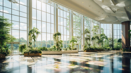 Space for large events in the atrium of the conservatory or greenhouse with large windows and natural sunlight