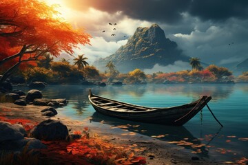 Fantasy landscape with boat on the lake
